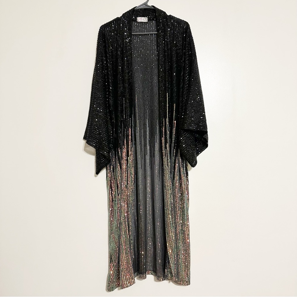 Free People Party On Sequin Kimono Jacket Duster In Color Black Combo - Picture 2 of 10